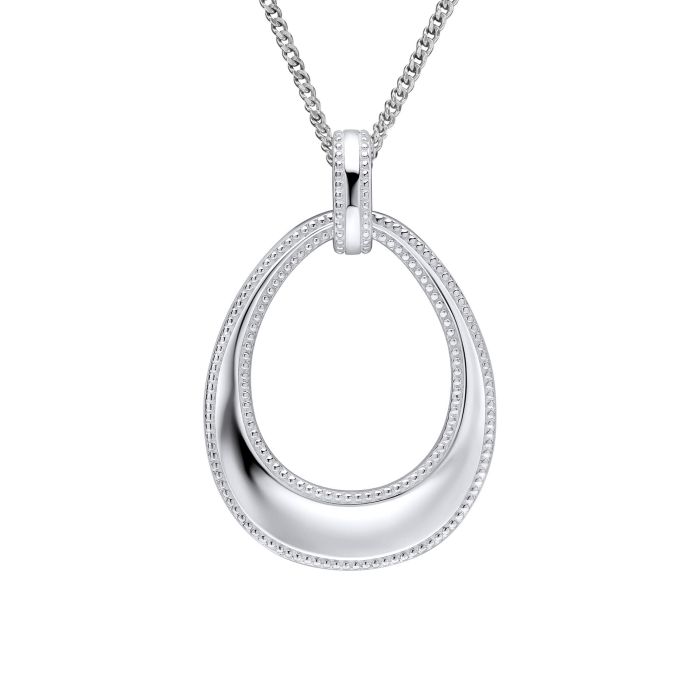 Open Tear drop Silver Pendant with Millegrain Edge necklace on a white background