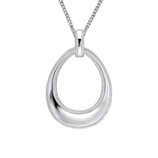 Open Tear drop Silver Pendant with Millegrain Edge necklace on a white background