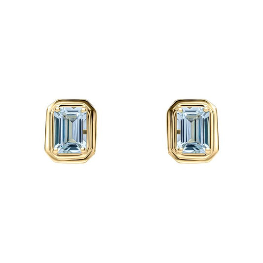 Pair of Elongated Octagon Aquamarine Gold Stud Earrings  on a white background