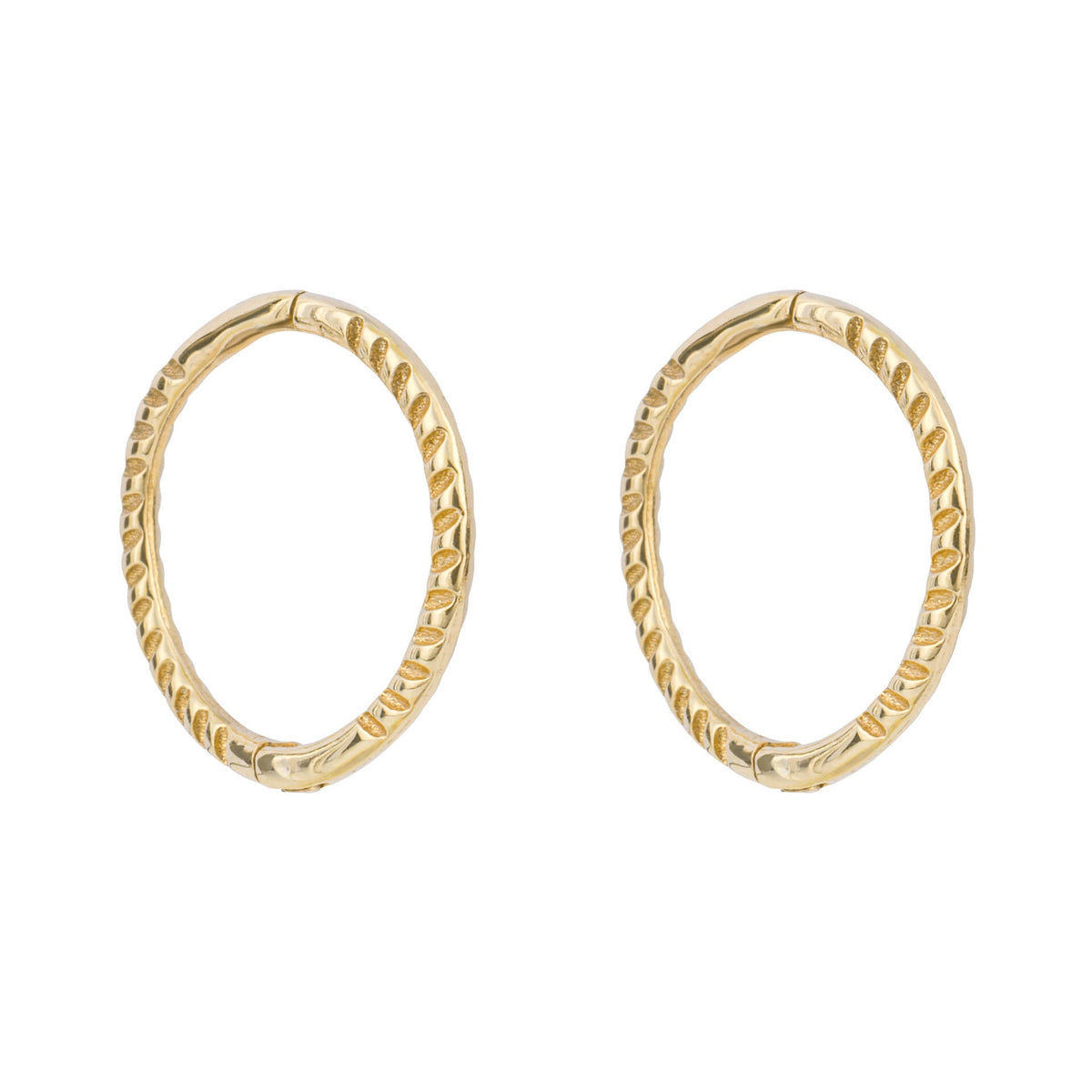 rope detail gold hoop sleeper 9ct earrings on white background 