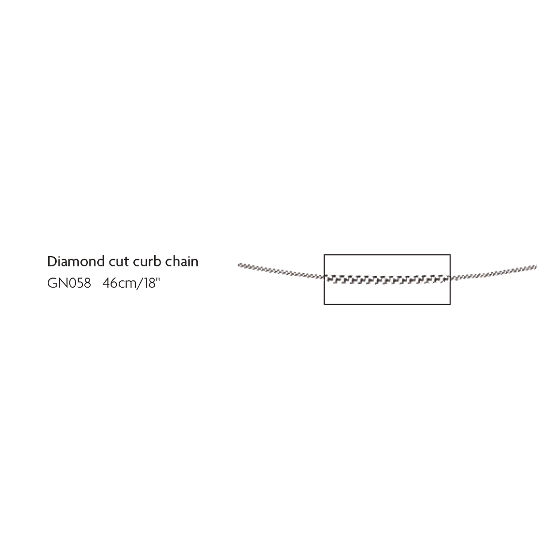 white gold diamond cut curb chain on white background with measurement detail 46cm/18"