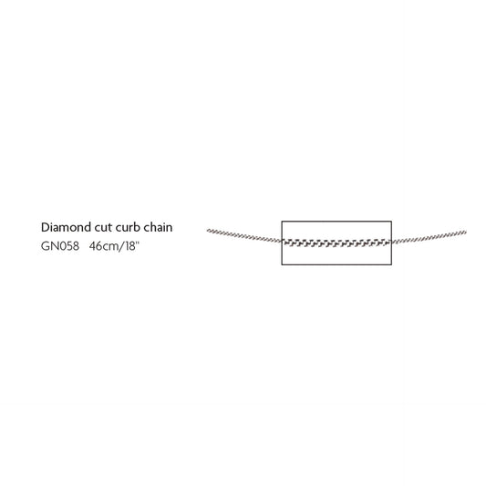 white gold diamond cut curb chain on white background with measurement detail 46cm/18"