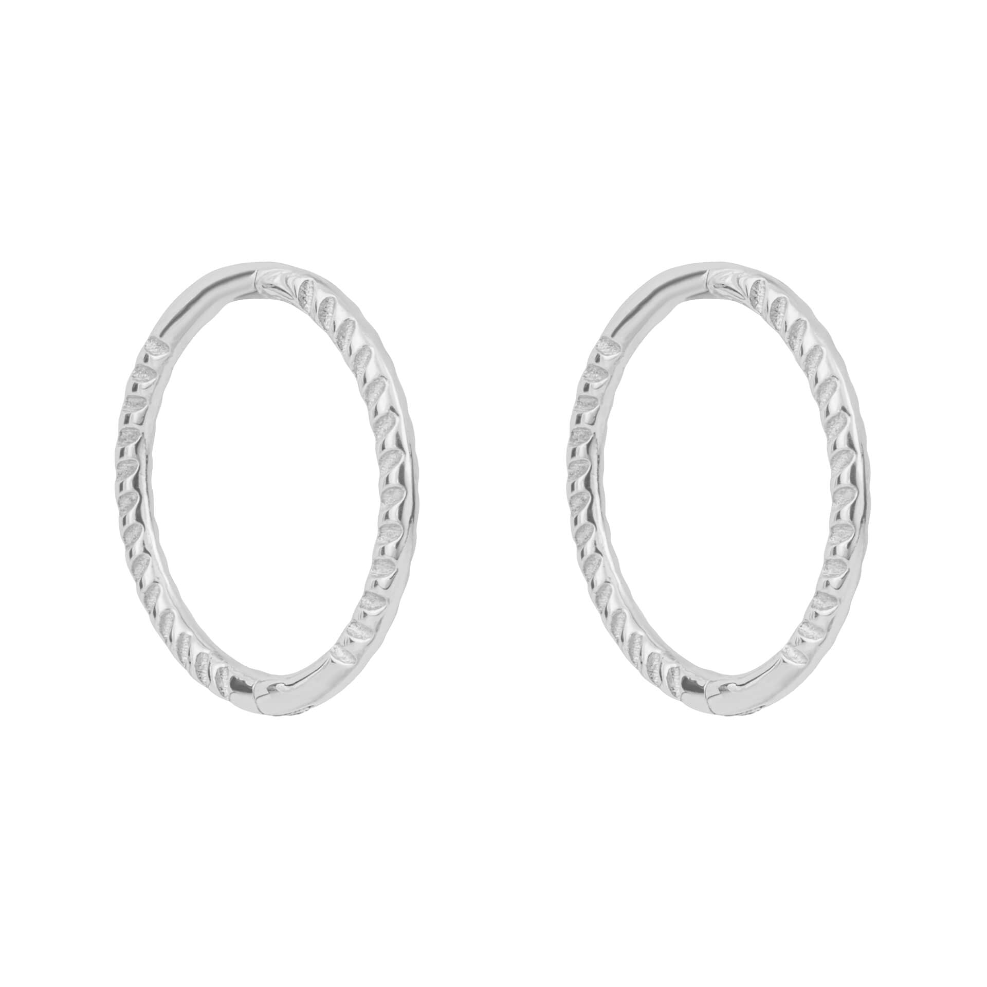 Pair of white gold rope hoop earrings on a white background
